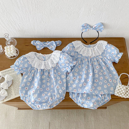 Design Summer Girls Flowers Pattern Short Sleeves Hollow Out Collar Onesies And Clothing Set – Sister Matching Clothing Set