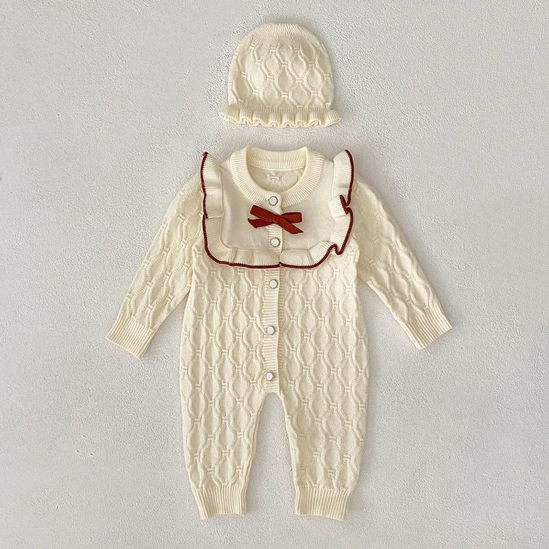 Autumn Arrival Unisex Baby’s Geometric Jacquard Pattern Knitted Rompers with Hat-1