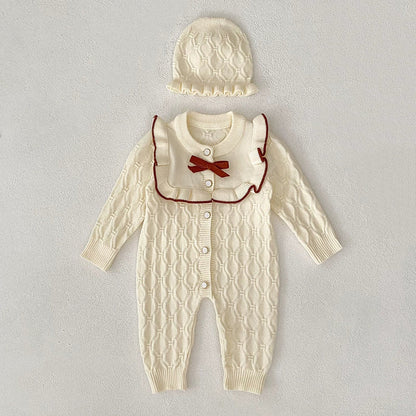 Autumn Arrival Unisex Baby’s Geometric Jacquard Pattern Knitted Rompers with Hat-1