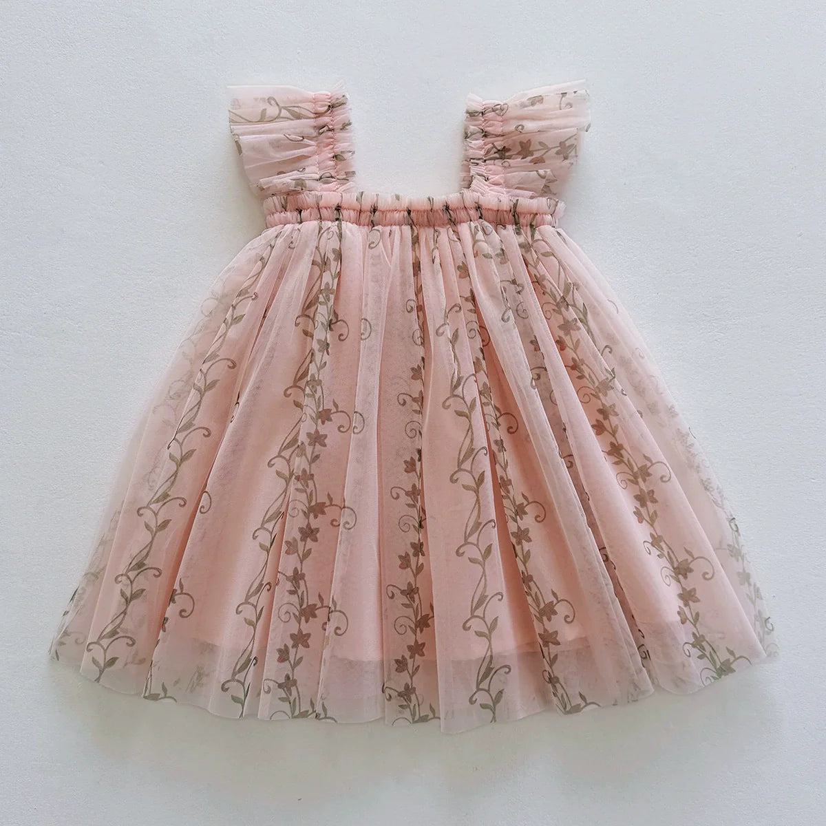 Summer Arrival Floral Pattern Fly Sleeves Tulle Dress for Stylish Girls-1