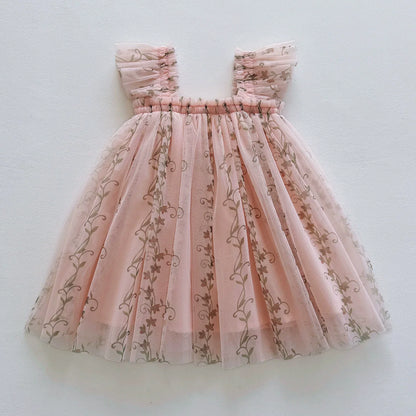 Summer Arrival Floral Pattern Fly Sleeves Tulle Dress for Stylish Girls-1