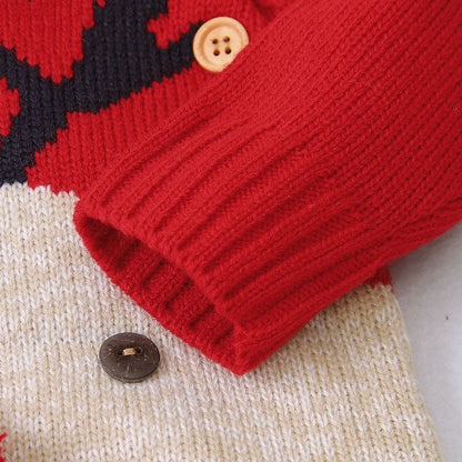 Baby Cartton Pattern Contrast Design Side Button Christmas Knitted Romper-3