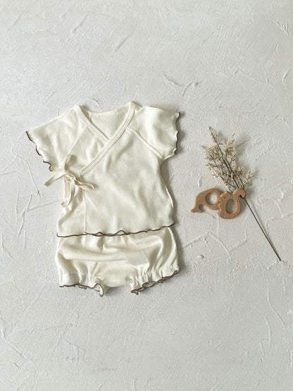 Summer Baby Kids Unisex Waffle Grid Short Sleeves Casual Monk Style Top T-Shirt And Bloomers And Hat Clothing Set-1