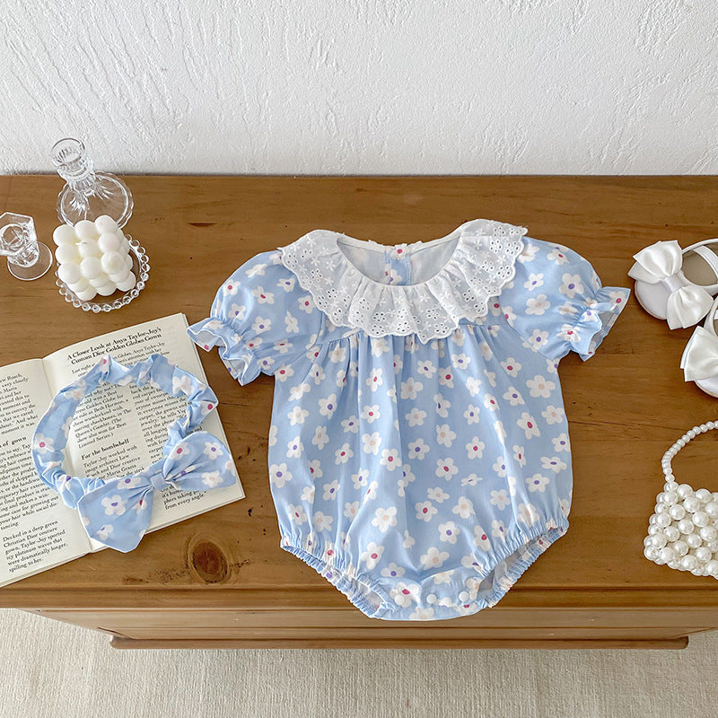 Design Summer Girls Flowers Pattern Short Sleeves Hollow Out Collar Onesies And Clothing Set – Sister Matching Clothing Set