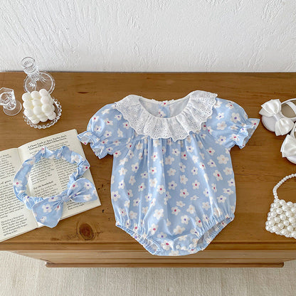 Design Summer Girls Flowers Pattern Short Sleeves Hollow Out Collar Onesies And Clothing Set – Sister Matching Clothing Set