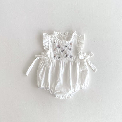Summer Arrival Baby Girls Flowers Embroidered Fly Sleeves Onesies