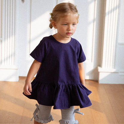 Summer Hot Selling Baby Kids Girls Short Sleeves Dress Design Solid Color Top
