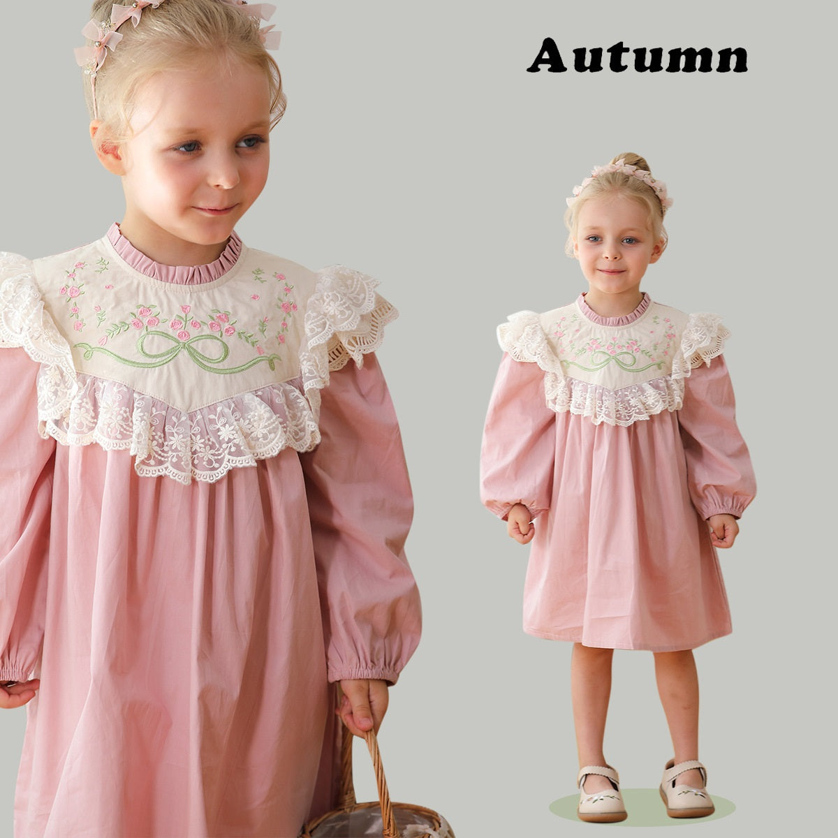 Design Autumn Girls Flowers Embroidery Pattern Long Sleeves French Style Lace Trim Dress-0