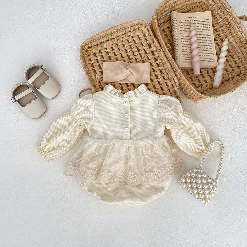 Baby Girls Long Sleeves Embroidery Lace Trim Onesie-4