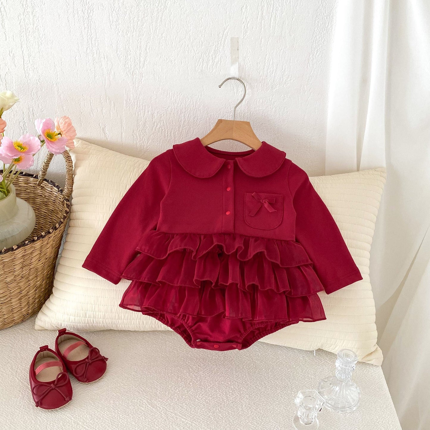 Autumn Arrival Baby Girls Long Sleeves Ruffle Solid Color Peter Pan Collar Onesies Dress-3