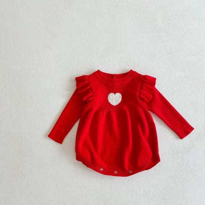 Baby Girl Heart Embroidered Pattern Ruffle Long Sleeve Knit Onesies-3