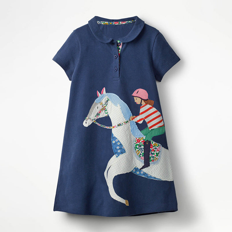 Summer Arrival Girls Short Sleeves Horse Racing Cartoon Turn-Down Collar Dress-0