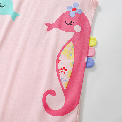 Summer Arrival Seahorse Cartoon Pattern Sleeveless Dress for Stylish Girls