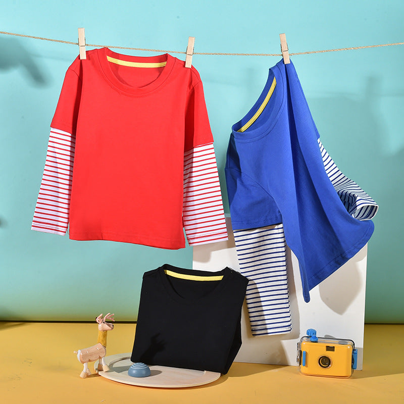 Boys And Girls Striped Sleeve Patchwork O-Neck Fake Hoodie In Autumn-0