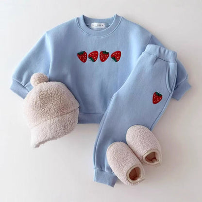 Autumn Baby Kids Unisex Casual Strawberry Embroidered Pattern Long Sleeves Top Pullover and Pants Clothing Set-3