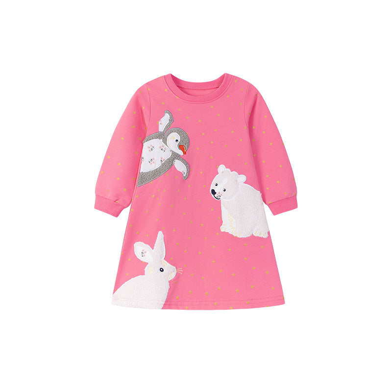 Autumn and Spring Arrival Stars and Animals Cartoon Pattern Long Sleeves Dress for Stylish Girls-4