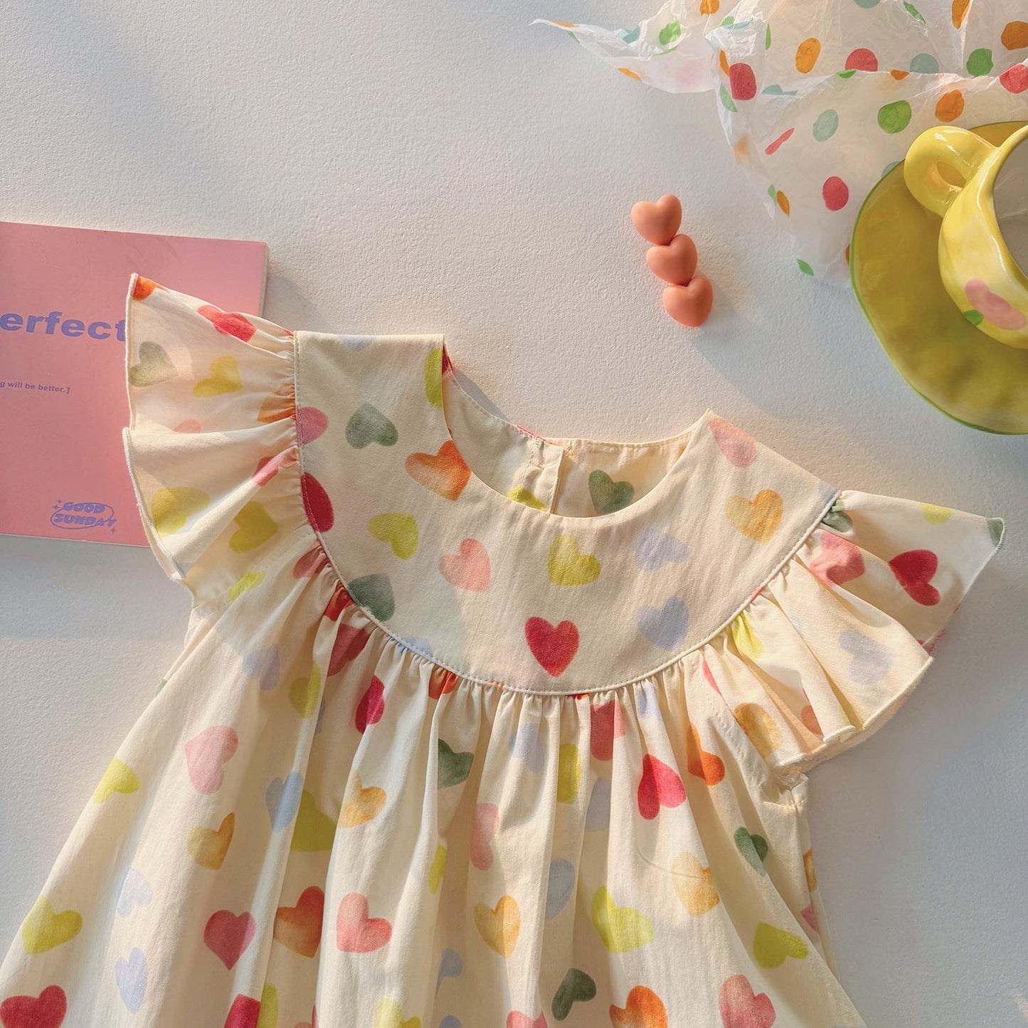 Summer Baby Kids Girls Fly Sleeves Colorful Heart Pattern Dress-1