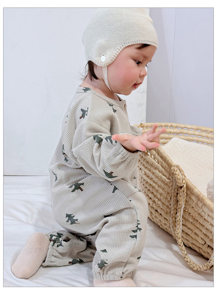 Spring Arrival Baby Unisex Long Sleeves Waffle Grid and Simple Pattern Rompers-2