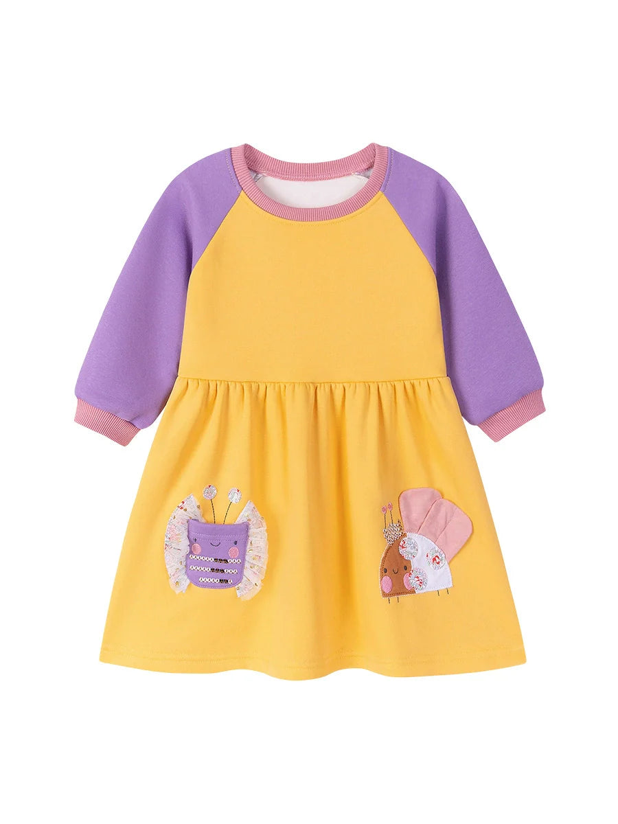 Autumn and Winter Arrival Cartoon Pattern Color Patchwork Long Sleeves Crew Neck Dress for Stylish Girls-3