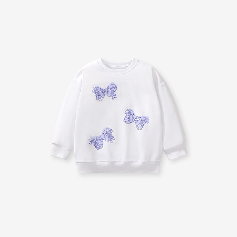 Autumn Baby Kids Girls Purple Butterfly Pattern White Pullover Clothing Long Sleeves Top Sweatshirt-0