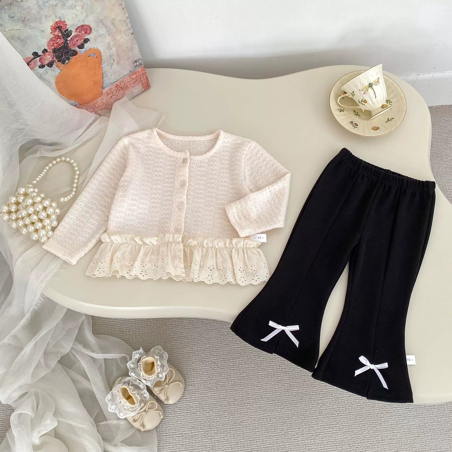 Spring and Autumn Kids Girls Jacquard Pattern Long Sleeves Single Breasted Top and Pants Clothing Set-0