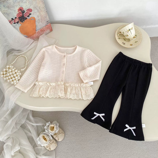 Spring and Autumn Kids Girls Jacquard Pattern Long Sleeves Single Breasted Top and Pants Clothing Set-0