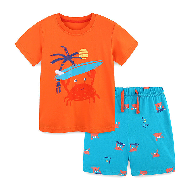 Summer Baby Kids Cartoon Crabs Pattern T-shirt and Shorts Clothing Set for Boys