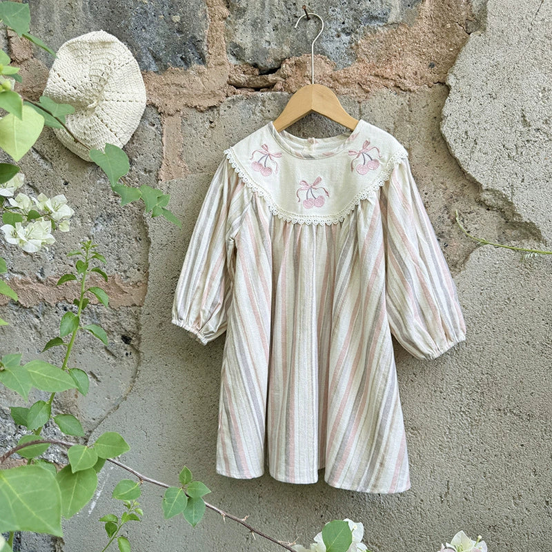 Autumn Arrival Baby Kids Girls Cherry Embroidery Pattern Long Sleeves Striped Dress