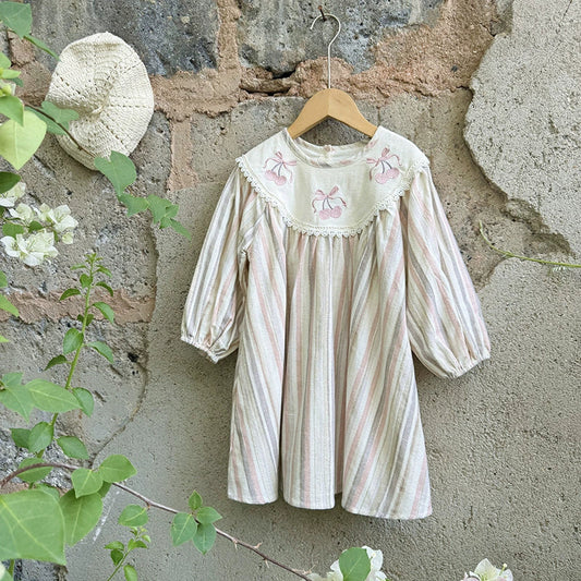 Autumn Arrival Baby Kids Girls Cherry Embroidery Pattern Long Sleeves Striped Dress