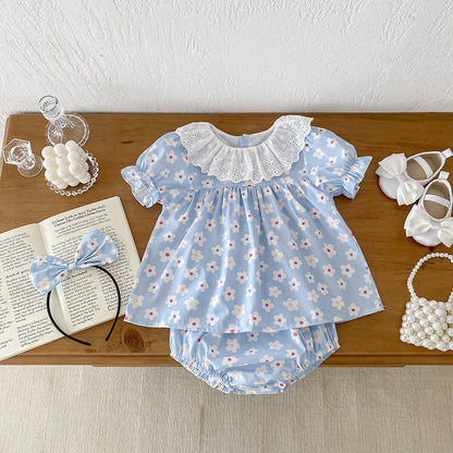 Design Summer Girls Flowers Pattern Short Sleeves Hollow Out Collar Onesies And Clothing Set – Sister Matching Clothing Set