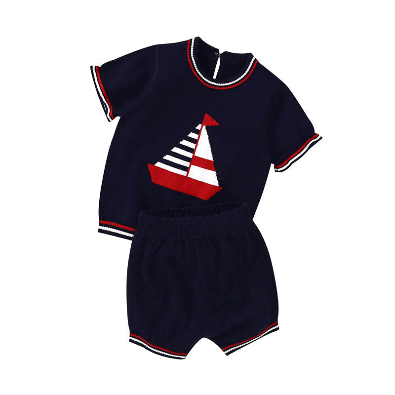 Baby Boy Embroidered Graphic Striped Neck & Sleeve Design Tee Combo Shorts Sailor Style Sets-4