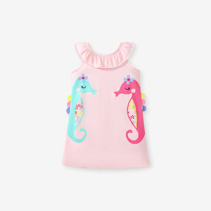 Summer Arrival Seahorse Cartoon Pattern Sleeveless Dress for Stylish Girls