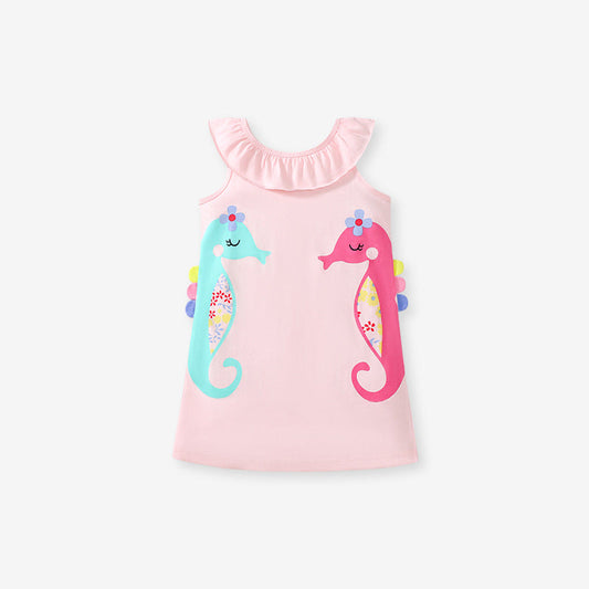 Summer Arrival Seahorse Cartoon Pattern Sleeveless Dress for Stylish Girls