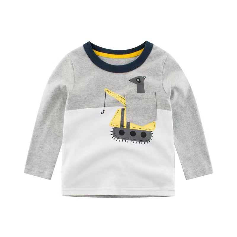 Baby Boy Cartoon Excavator & Animal Pattern Contrast Design Shirt-4
