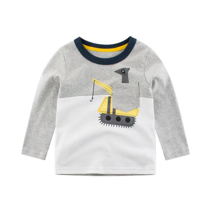 Baby Boy Cartoon Excavator & Animal Pattern Contrast Design Shirt-4