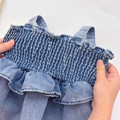 Summer Arrival Baby Girls Cute Sleeveless Denim Pleated Dress Design Strap Onesies