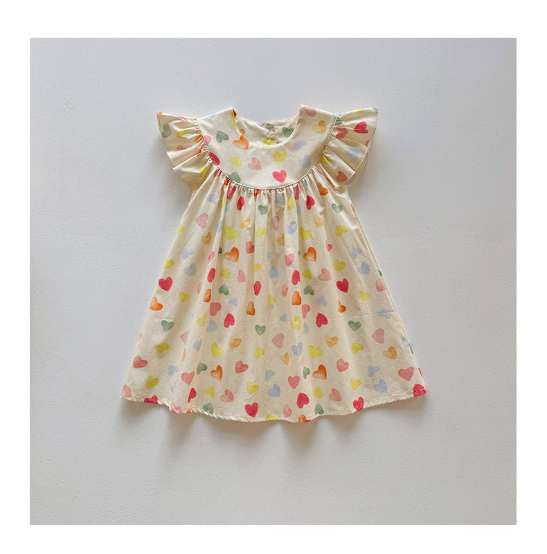 Summer Baby Kids Girls Fly Sleeves Colorful Heart Pattern Dress-3