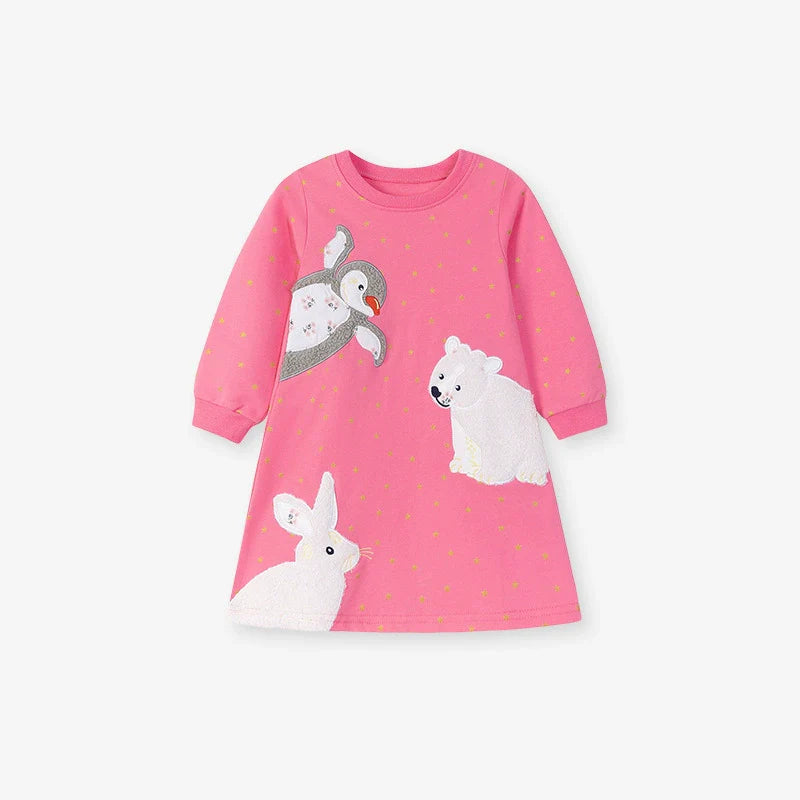 Autumn and Spring Arrival Stars and Animals Cartoon Pattern Long Sleeves Dress for Stylish Girls-0