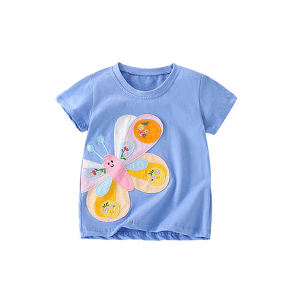 Summer Girls’ Butterfly Pattern Decorated T-shirt in European and American Style
