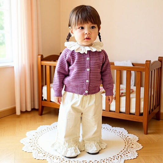 Spring and Autumn Baby Kids Solid Color Long Sleeves Cardigan and Flowers Pattern Pants-0
