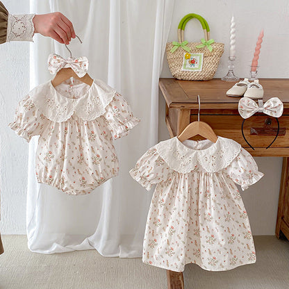 Summer Girls Flowers And Animals Pattern Short Sleeves Hollow Out Collar Onesies And Dress – Sister Matching Clothing Set-4