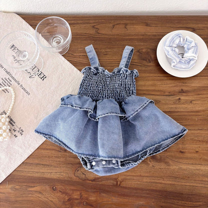 Summer Arrival Baby Girls Cute Sleeveless Denim Pleated Dress Design Strap Onesies