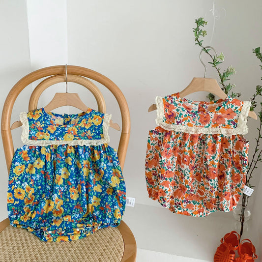Summer Design Baby Girls Oil Floral Sleeveless Crew Neck Onesies-0