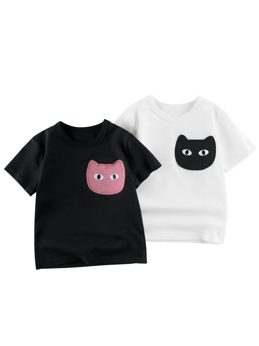 Cat Face Cartoon Pattern Girls T-Shirt In European And American Style For Summer-0