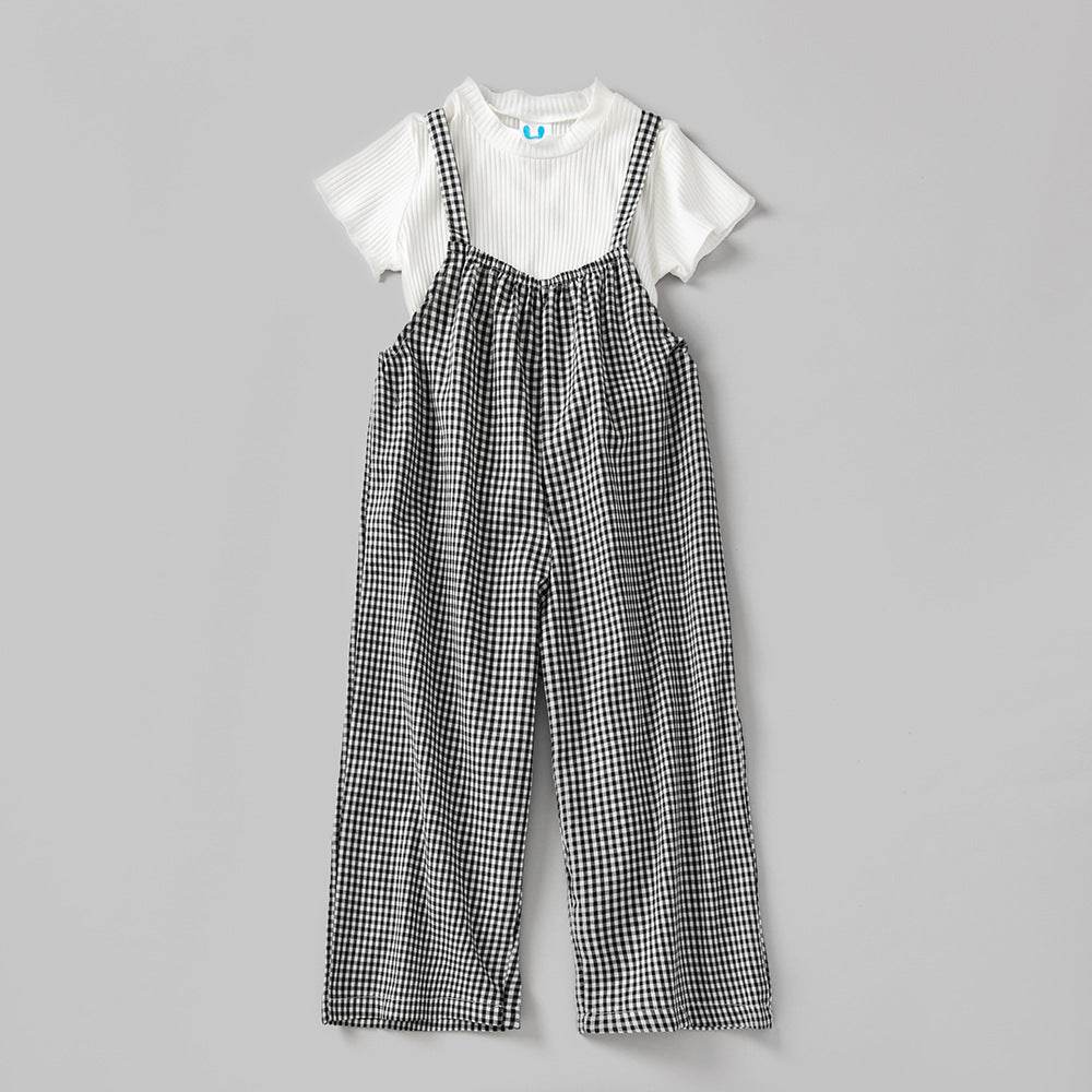Baby Girl Solid Color Tops Combo Plaid Pattern Overalls Sets-0