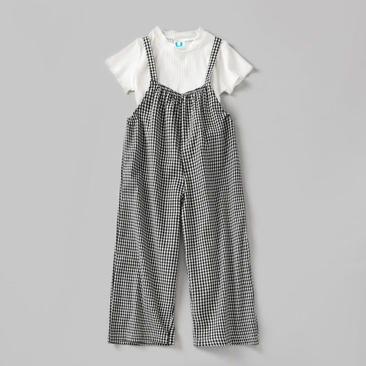 Baby Girl Solid Color Tops Combo Plaid Pattern Overalls Sets-0