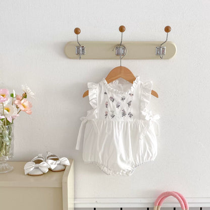 Summer Arrival Baby Girls Flowers Embroidered Fly Sleeves Onesies