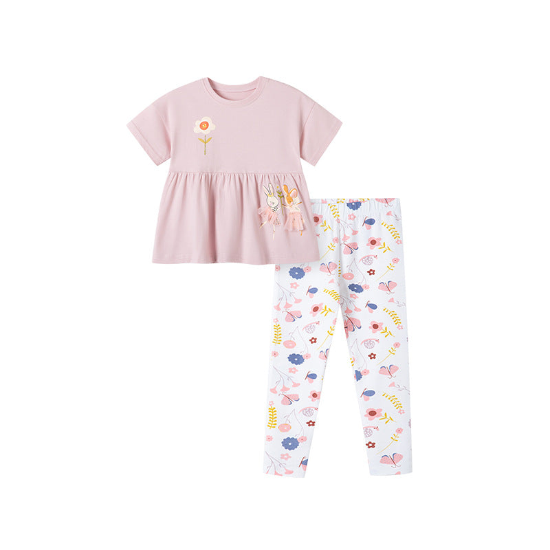 Summer Baby Kids Cartoon and Floral Pattern T-shirt and Pants Clothing Set for Girls-0