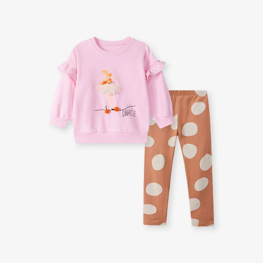 Spring and Autumn Girls Princess Cartoon Pattern Long Sleeves Sweatshirt and Polka Dots Pattern Pants Clothing Set