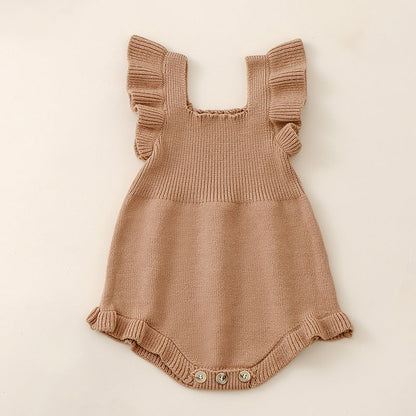 Summer Arrival Baby Girls Solid Color Fly Sleeves Square Neck Knitted Onesies-3
